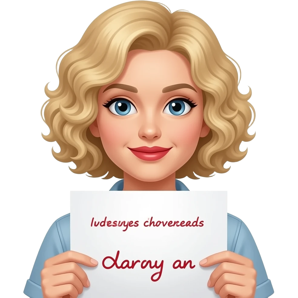 short blonde tight curly hair bob looking holding a paper with subtitles written on it in red lipstick emoji