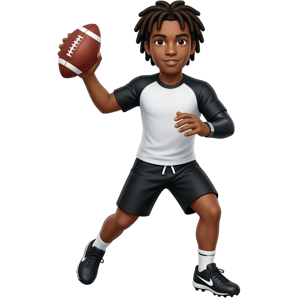 Brown skin teenager with dreads with black and white compression shirt with #3 black shorts #3 Nike cleats with arm sleeve throwing football emoji