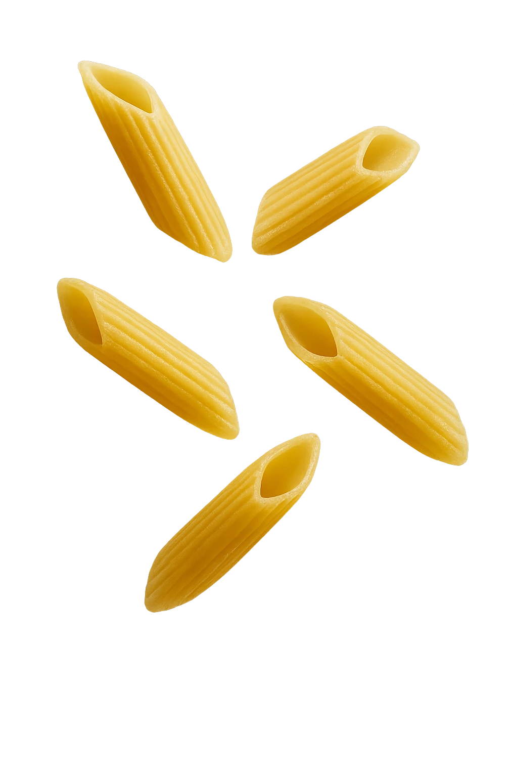 5 PENNE DI PASTA RIGATE FLUTTUANO IN ARIA,  iperrealistico 4k emoji