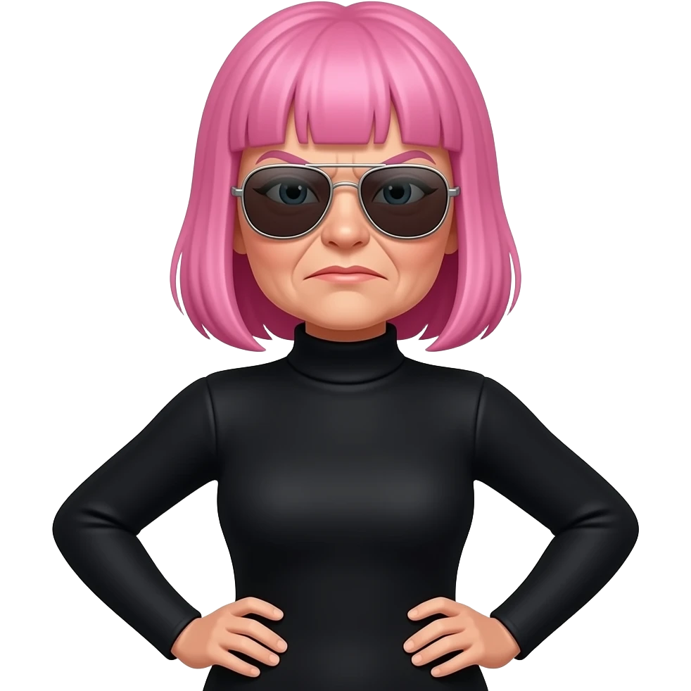 Pissed off 60 year-old woman with pink jaw lenght hair and bangs wearing aviator sunglasses and hands on hips and a black turtle neck emoji