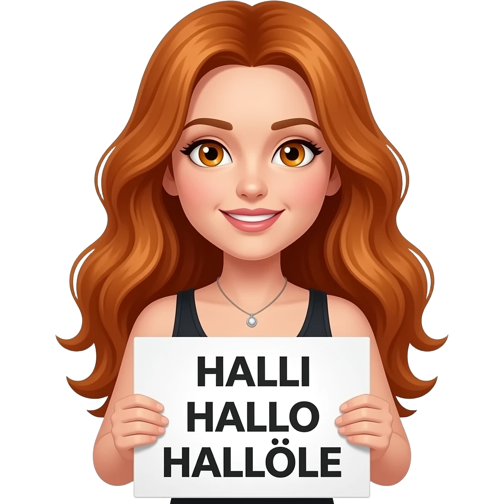 sexy girl with long wavy ginger hair and ginger eyes wearing a black tanktop is holding a white sign with HALLI HALLO HALLÖLE written on it emoji