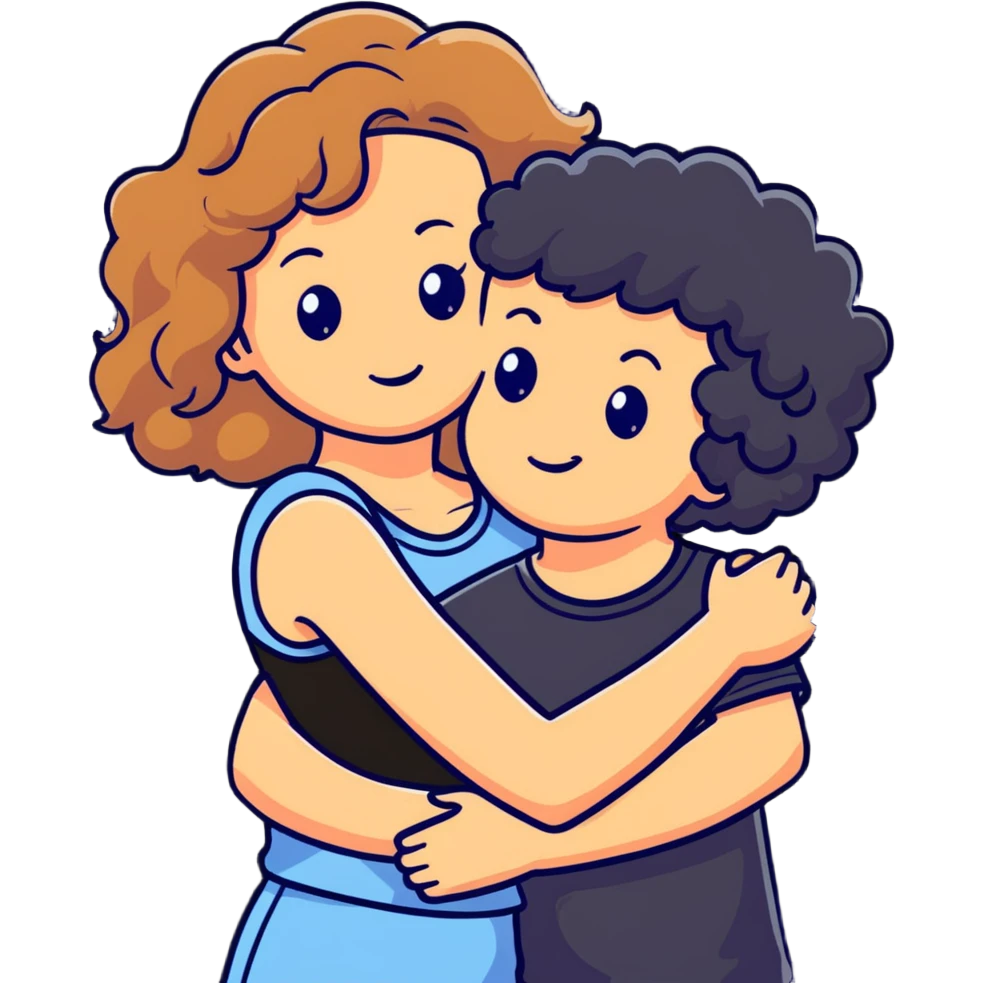 girl with long light brown hair and pale skin hugging a boy with black curly hair and tanned skin emoji