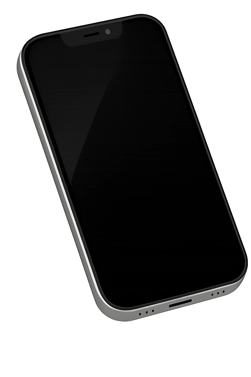 Edit the image to depict a minimalist smartphone viewed from above with a blank black screen and subtle reflection, in the style of apple style emojis. Keep the look consistent with emoji style but use the universal edit model for best editing support. emoji