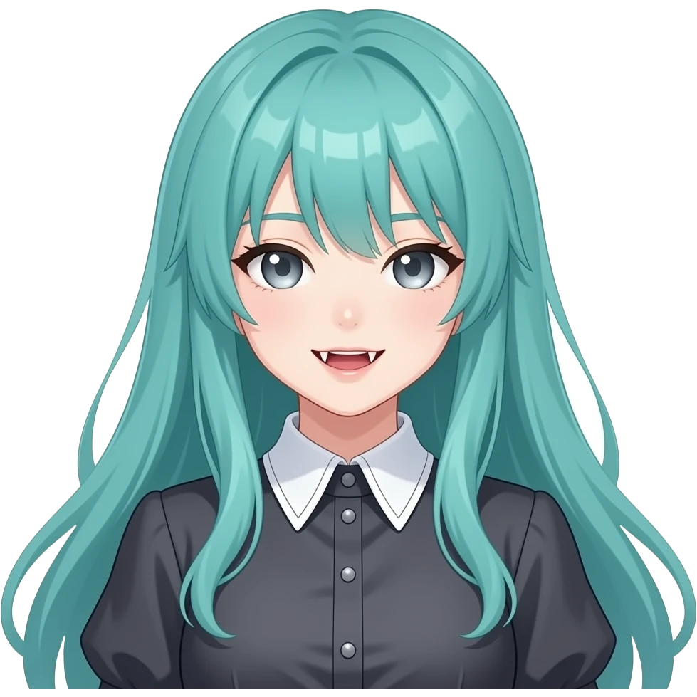 anime girl, fangs long flowing teal hair, grey eyes, dark grey shoulder cyberpunk blouse with fancy white collar emoji