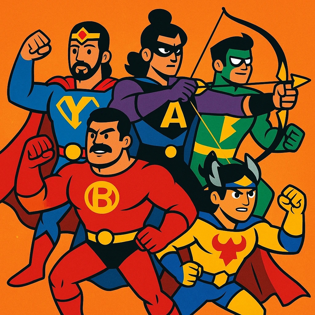 Pach Pandav, the five Pandava brothers, shown as modern superheroes, each with unique costumes inspired by their mythological traits, in a dynamic group pose emoji