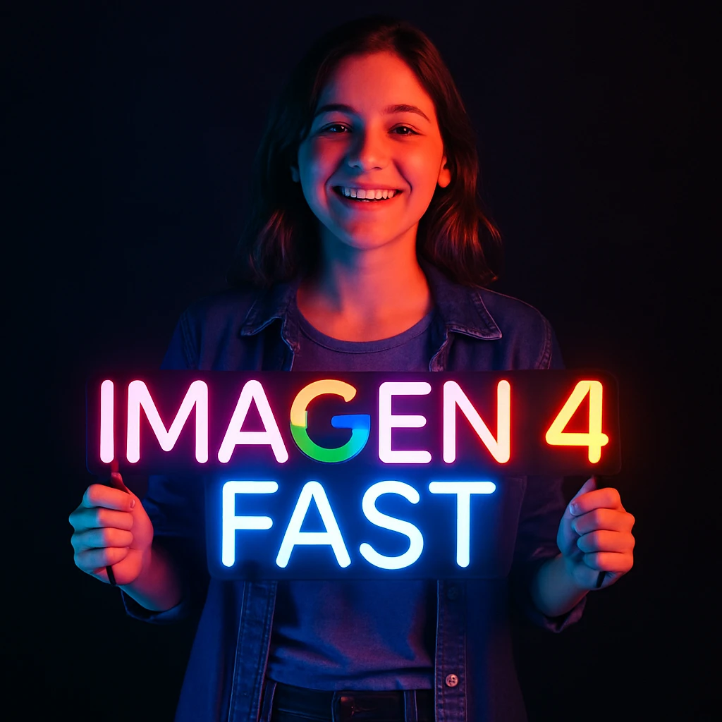 make a girl holding this sign, but sign in made of neon, also add fast below the sign emoji