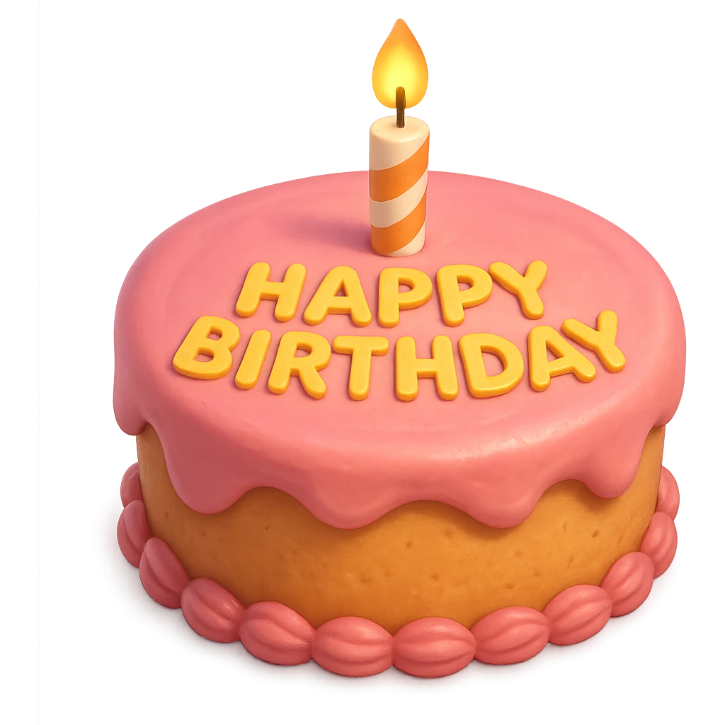Draw a Pixar-style birthday cake with pink frosting and a single candle. The cake should be visible from the front and top. emoji