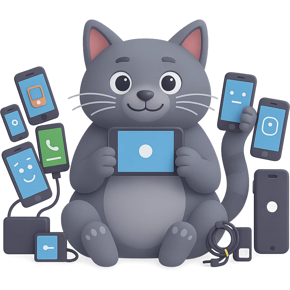 Change the cat to a gray cat, keep the IT theme, holding a smartphone, surrounded by tech gadgets, friendly expression, no background (transparent). emoji