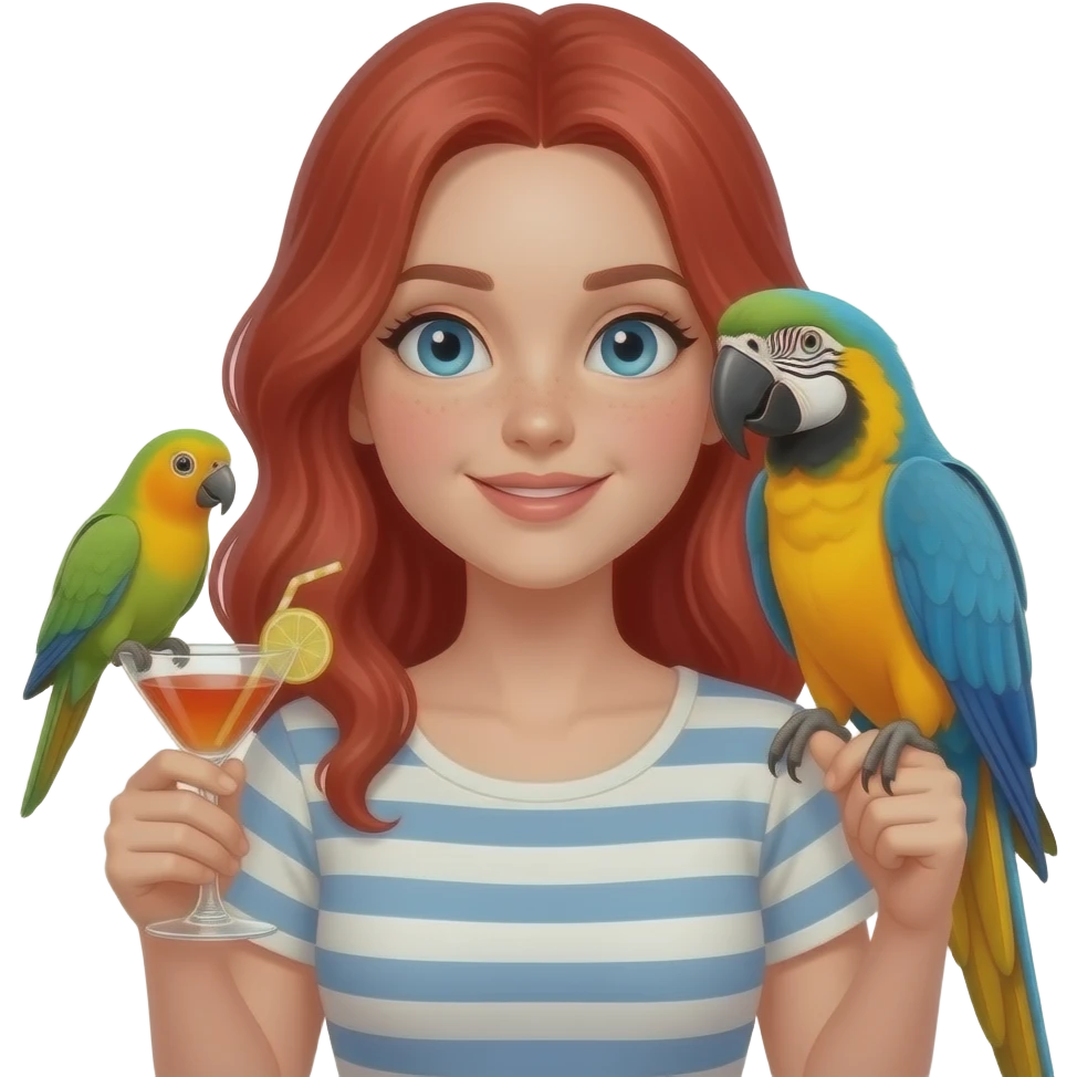 Make an emoji (girl with red hair and  parrots cocktail, sunconure and blue fronted Amazon parrots ) emoji
