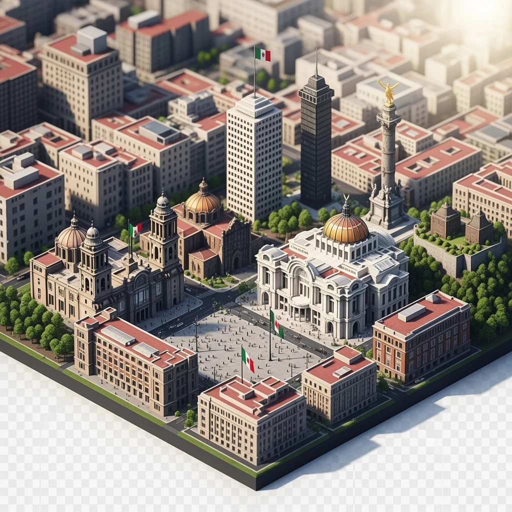 Isometric diorama of Mexico City iconic landmarks: Zócalo square with Metropolitan Cathedral, Palacio de Bellas Artes, Torre Latinoamericana, Chapultepec Castle, and Angel of Independence, atmosphere of the city 3D miniature effect and Tilt Shift effect, no cartoonish look, transparent background. emoji