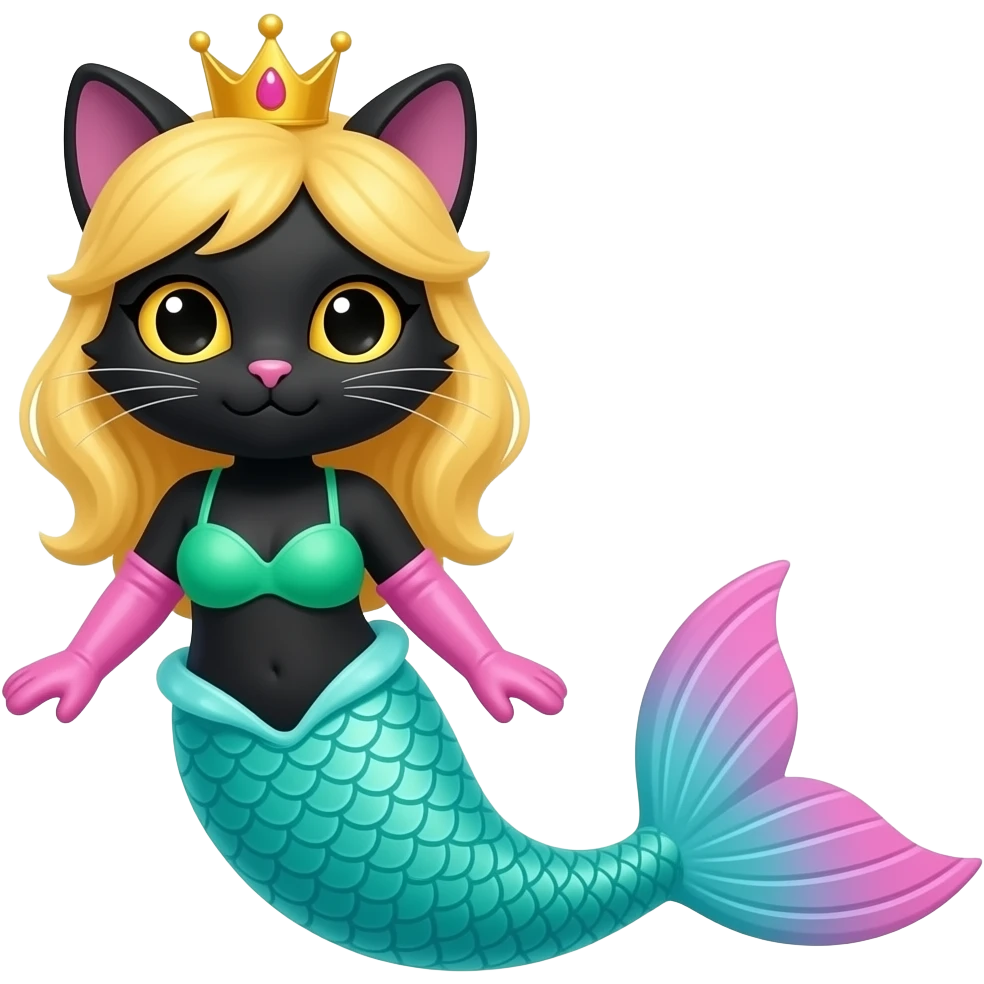 black anthro cat #B8FFFF merman tail with pink fins and long pink gloves  yellow hair crown green swimsuit emoji