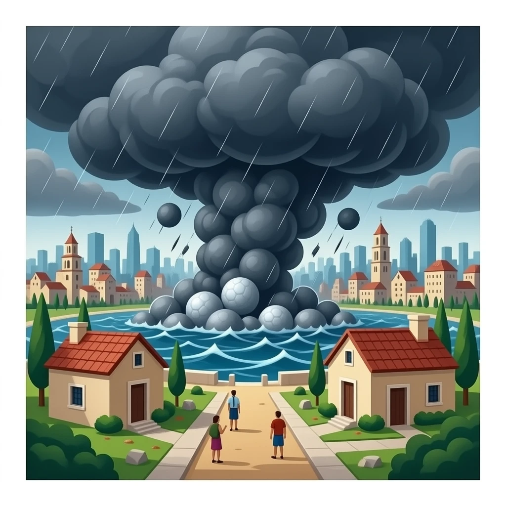 Hailstorm destroying a city from biblical times. The sky is dark and ominous with golf ball sized hail destroying vegetation and people’s homes emoji