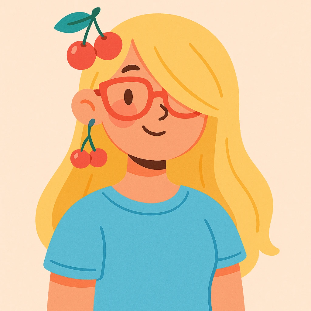 A woman with long blonde hair covering one eye, baby blue shirt, cherry accessories on her head, and red glasses, soft pastel illustration style emoji