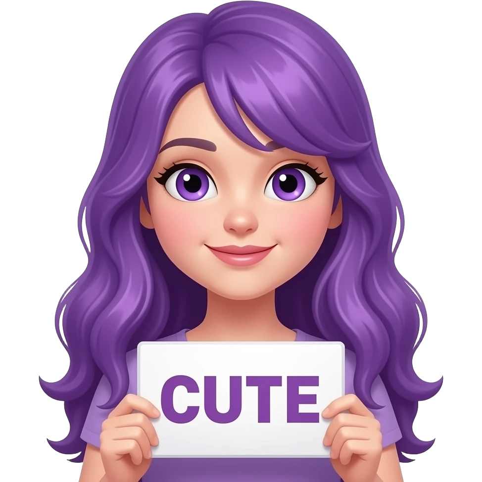 sexy girl with long purple hair and purple eyes holding a CUTE sign emoji