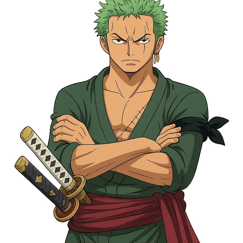 Zoro Roronoa from One Piece, anime style, crossed arms, swords visible, determined look emoji