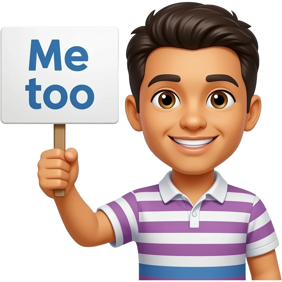 Yellow smiley face holding up a sign that says "Me too" emoji