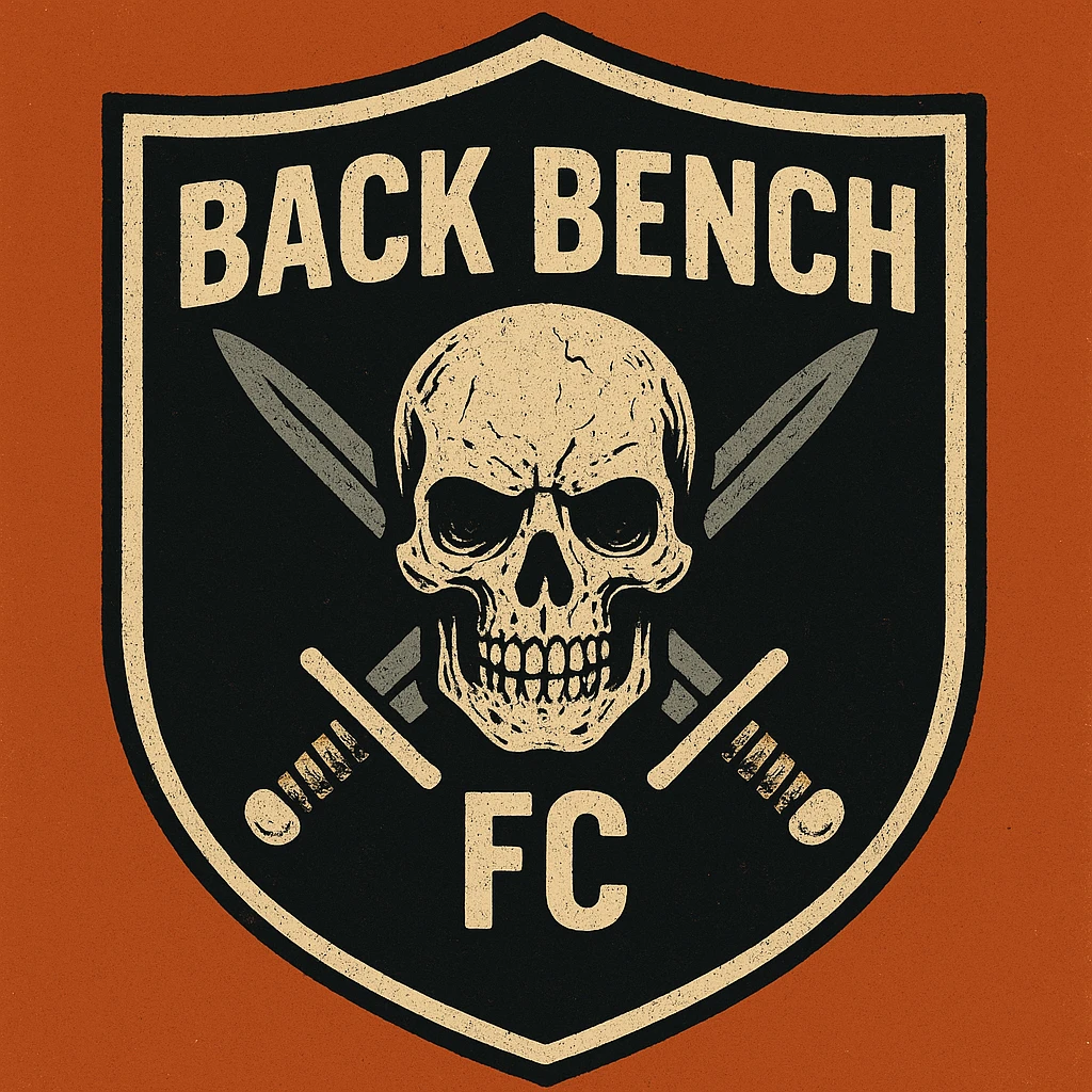 dark rebellious football club crest for 'Back Bench FC' with classic shield shape, deep black background, bold distressed off-white 'BACK BENCH' at top, menacing sketch-detailed skull with cracks and scratches at center, two large crossed daggers behind skull, distressed 'FC' at base, all elements in bone white, beige, faded gray, thick beige outline, sharp edges, gritty vintage-patch feel, minimal color, high contrast, urban punk vibe emoji