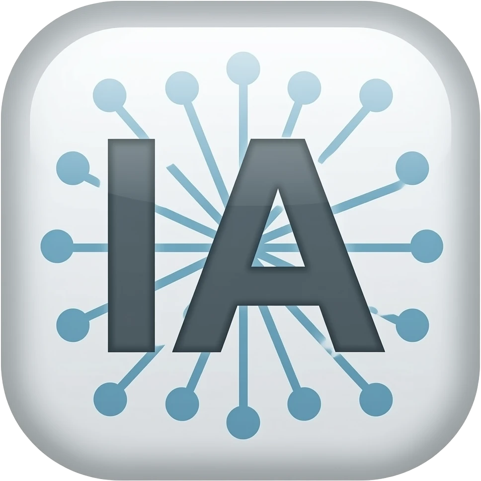 Minimalist flat design icon of the letters "IA" combined with a subtle neural network or connected nodes around it, representing artificial intelligence, modern vector style, clean lines, soft gradient (purple and blue), no text other than "IA", transparent background emoji