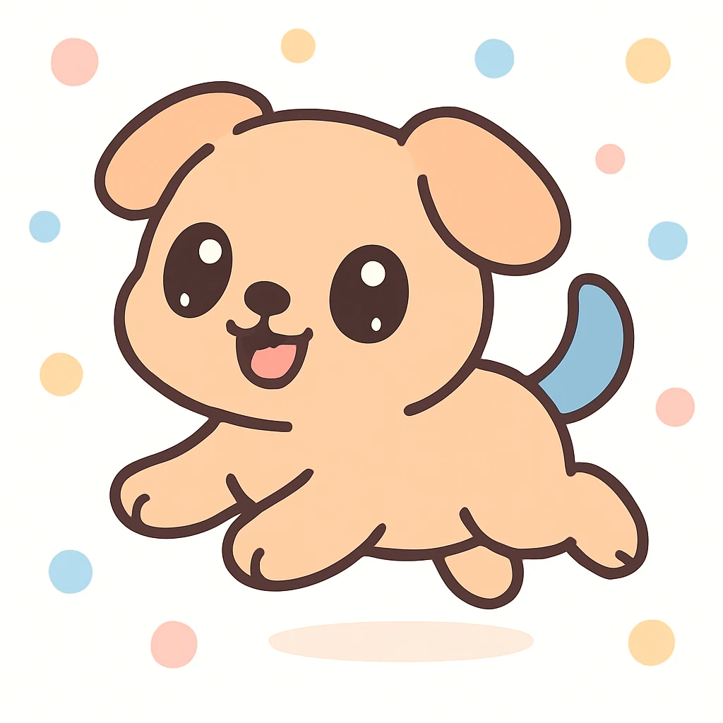 a very cute dog running, kawaii style, big eyes, playful expression, simple background emoji