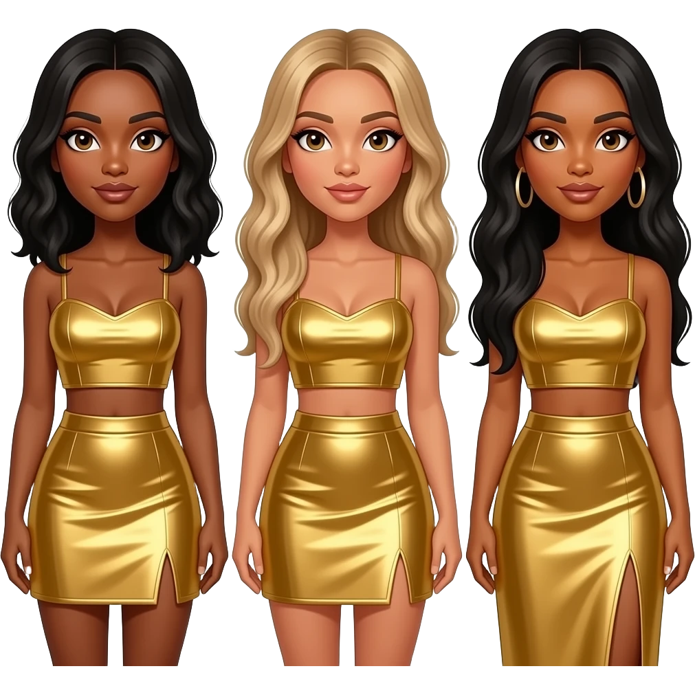 Destiny's Child with Kelly with brown eyes, black hair, gold metallic crop top and skirt, Beyonce with hazel eyes, long blonde hair, gold metallic crop top and skirt, Michelle with brown eyes, long black hair, gold metallic crop top and long skirt emoji