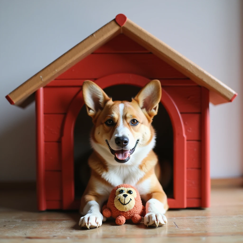 realistic red dog house with a Corgi dog inside, Corgi with a toy, photorealistic style emoji