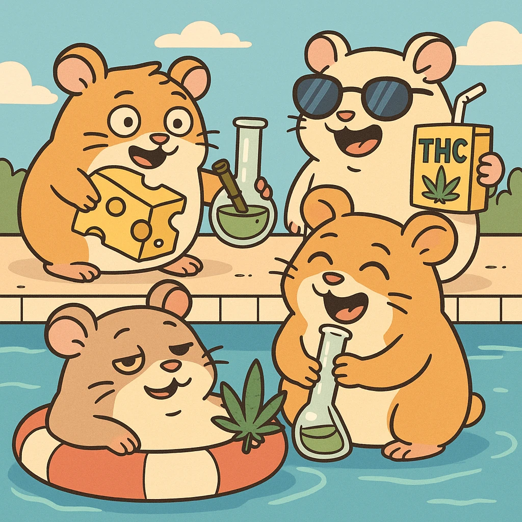 square Discord server icon, hamsters at a pool party with weed, cheese, THC theme, no disco ball, Flat Toon style, nostalgic, fun, inviting, summer party vibe, bold outlines, bright colors, clear composition emoji