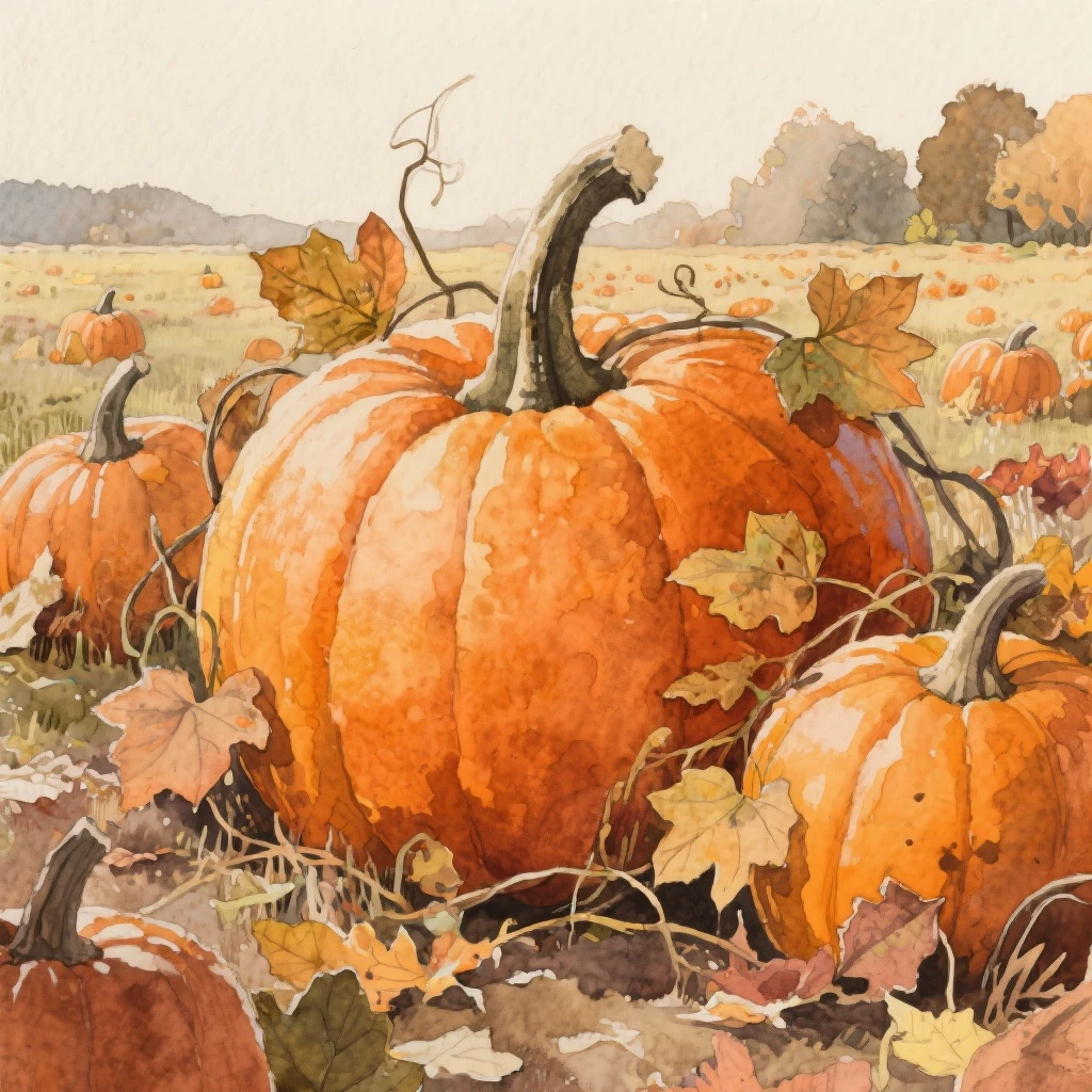 autumn pumpkin patch illustration, large pumpkins with leaves and vines, rustic style, orange and earthy tones, watercolor texture background emoji
