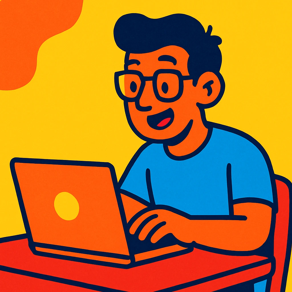 man working with laptop, vibrant cartoon style emoji