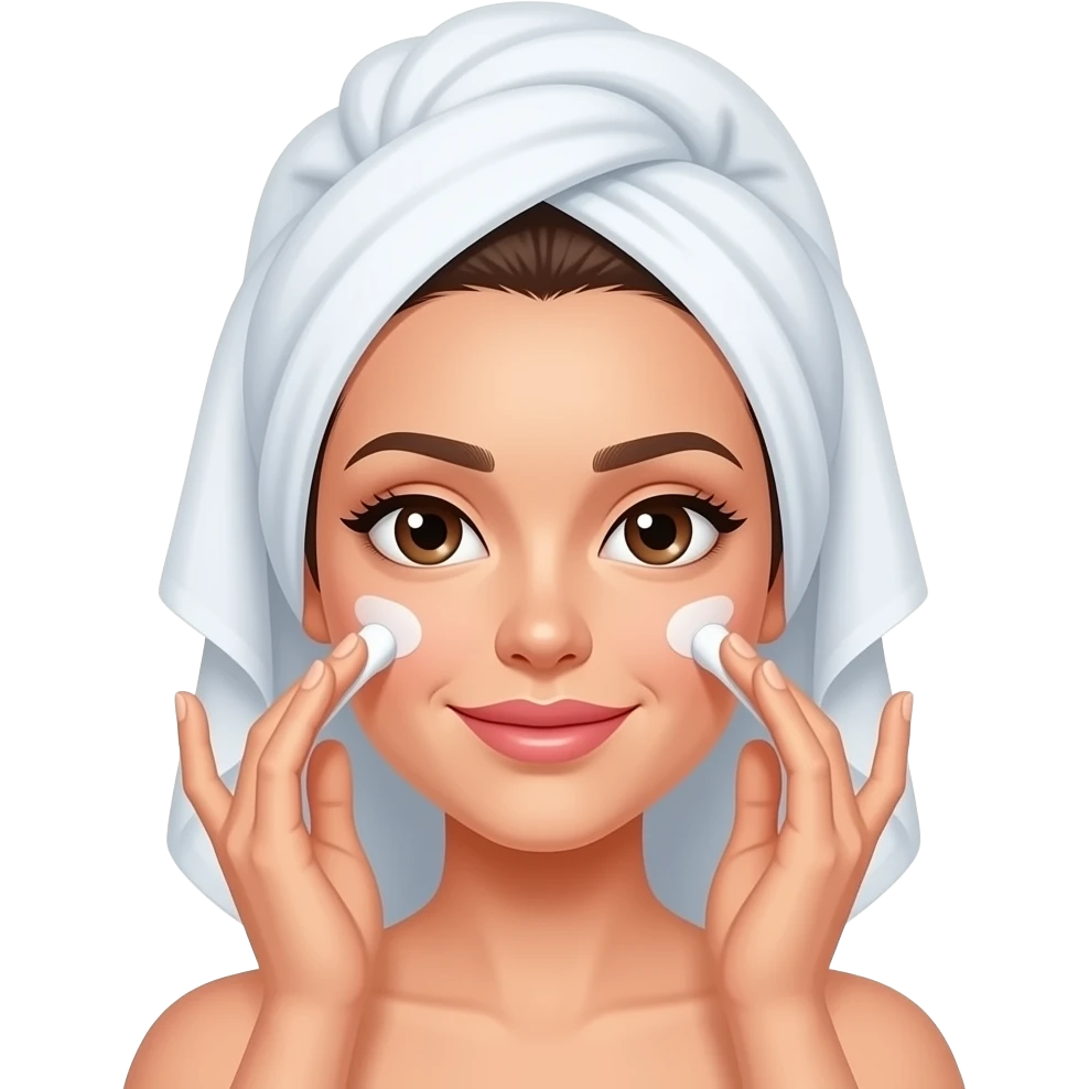 chica con toalla en la cabeza cubriendo todo su cabello y haciendose skin care emoji