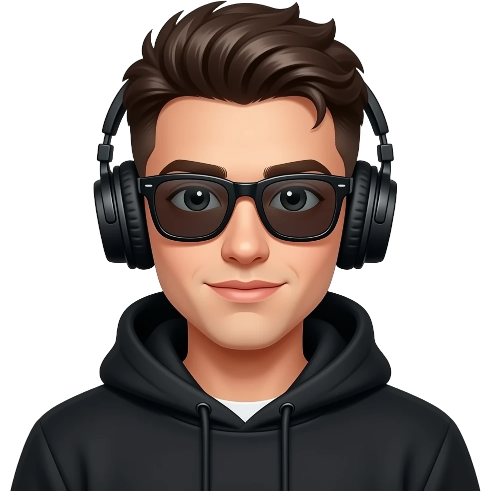 chico joven con corte de moda sudadera negra lentes  conpletamente negros  y audifonos emoji