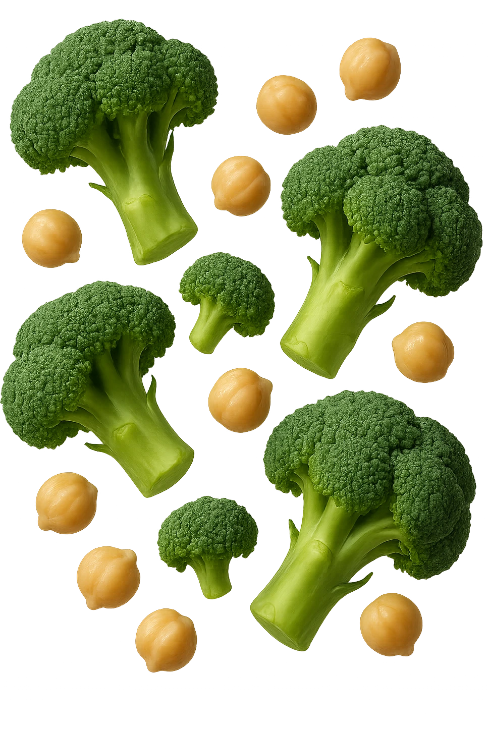 SU QUESTO STILE FAI  broccoli e ceci che fluttuano in aria, FALLO MOLTO REALISTICO IN 3D emoji