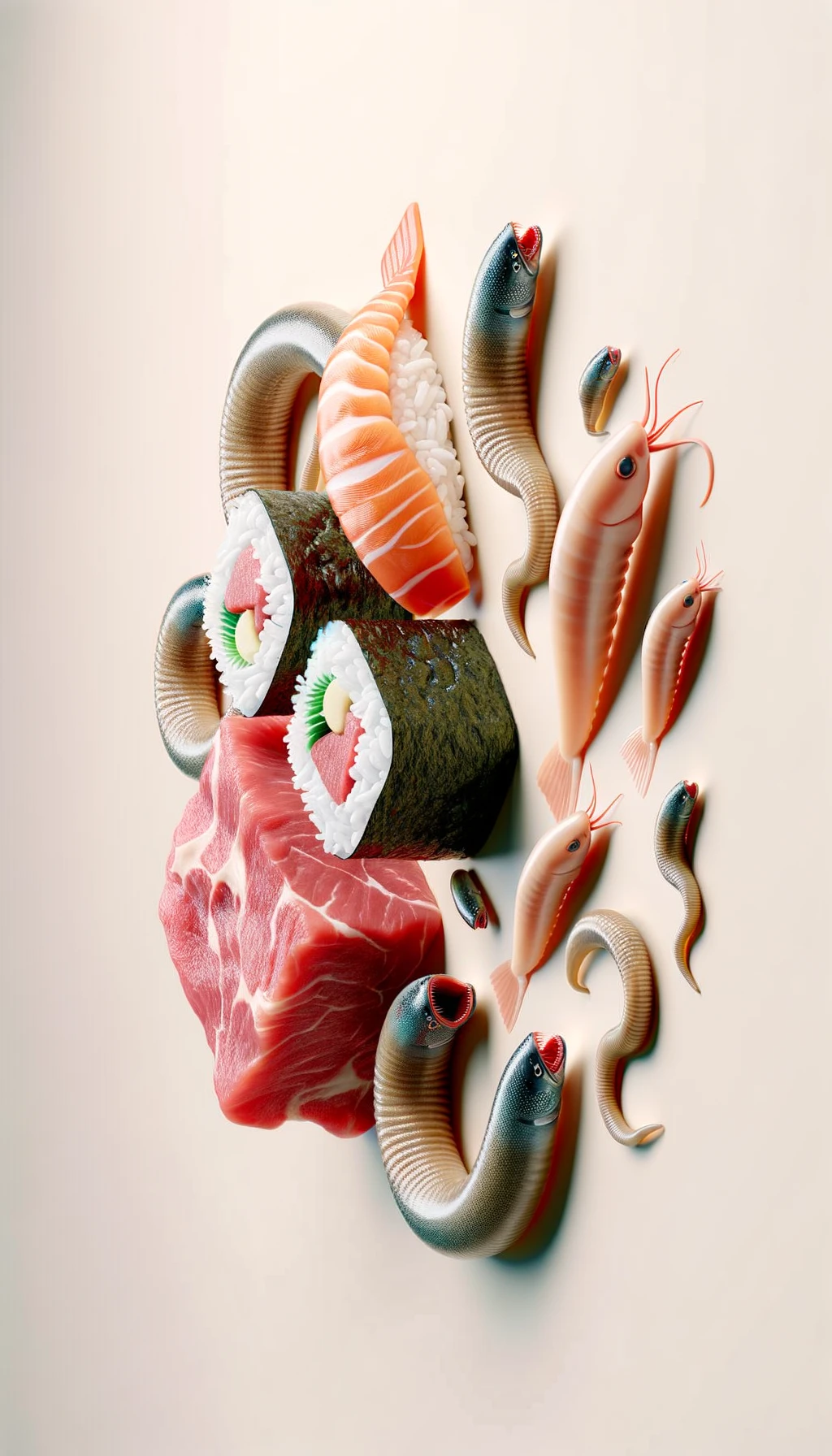 carne cruda fluttua insieme a sushi, intorno a loro fluttuano vermi lunghi e beige chiaro, sfondo neutro chiaro, iperrealistico 4k emoji