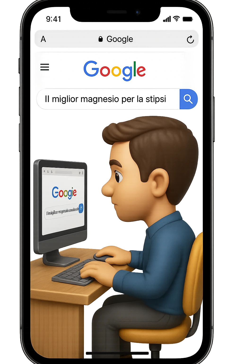 emoji stile iphone di un uomo davanti al pc che cerca di google: "Il miglior magnesio per la stipsi", iperrealistico 4k emoji