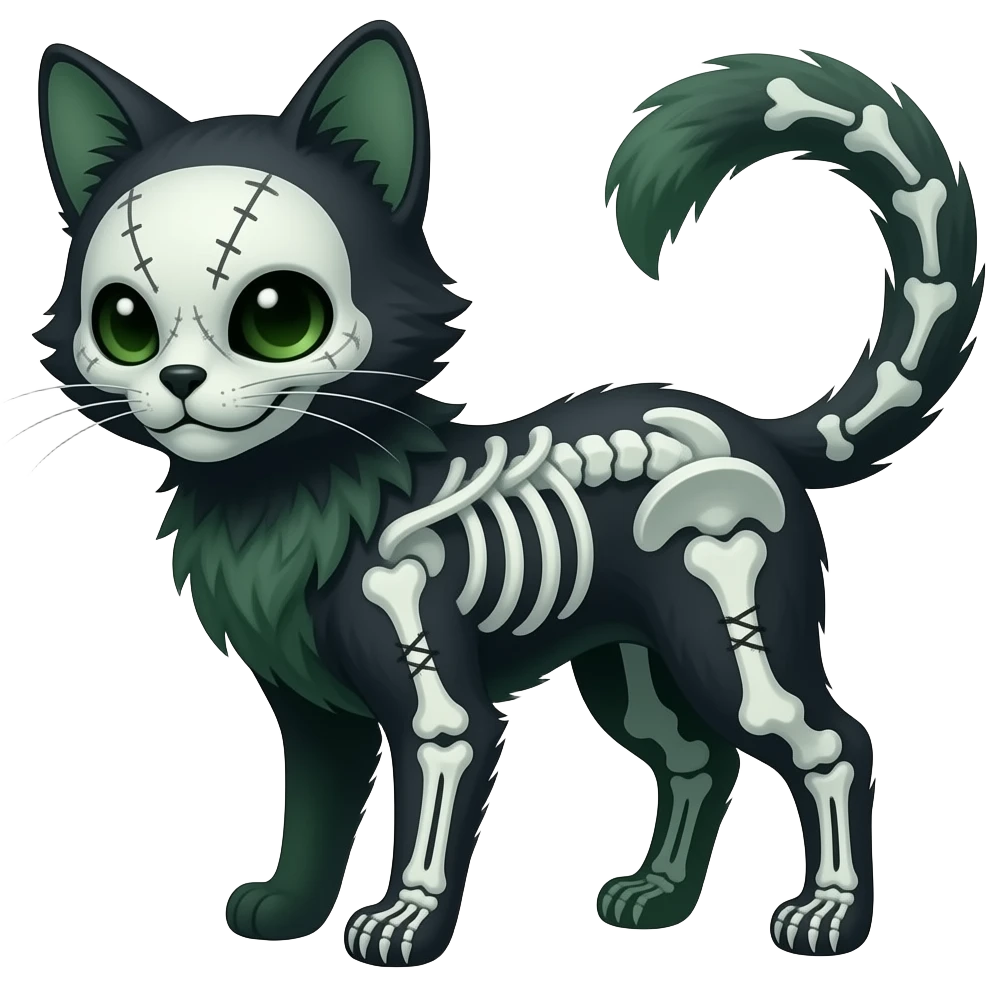 Scaley Kawaii spectral spooky dark bleak blackish swampy white-skeletal gloomy ghostly dark greyish dark-deep-greenish foggy eldritch beautiful realistic edgy fantasy ghoul-like stitched feline-vernid-sergal-fursona animal creature with a tufted tail full body with intricate markings emoji