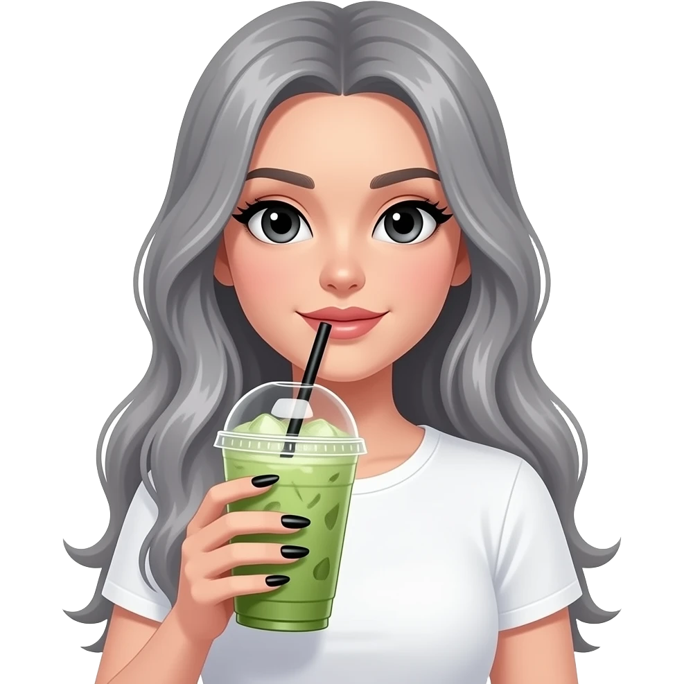lady with black eyes and grey very long hair, long black nails and holding a large iced matcha, wearing a white tee emoji