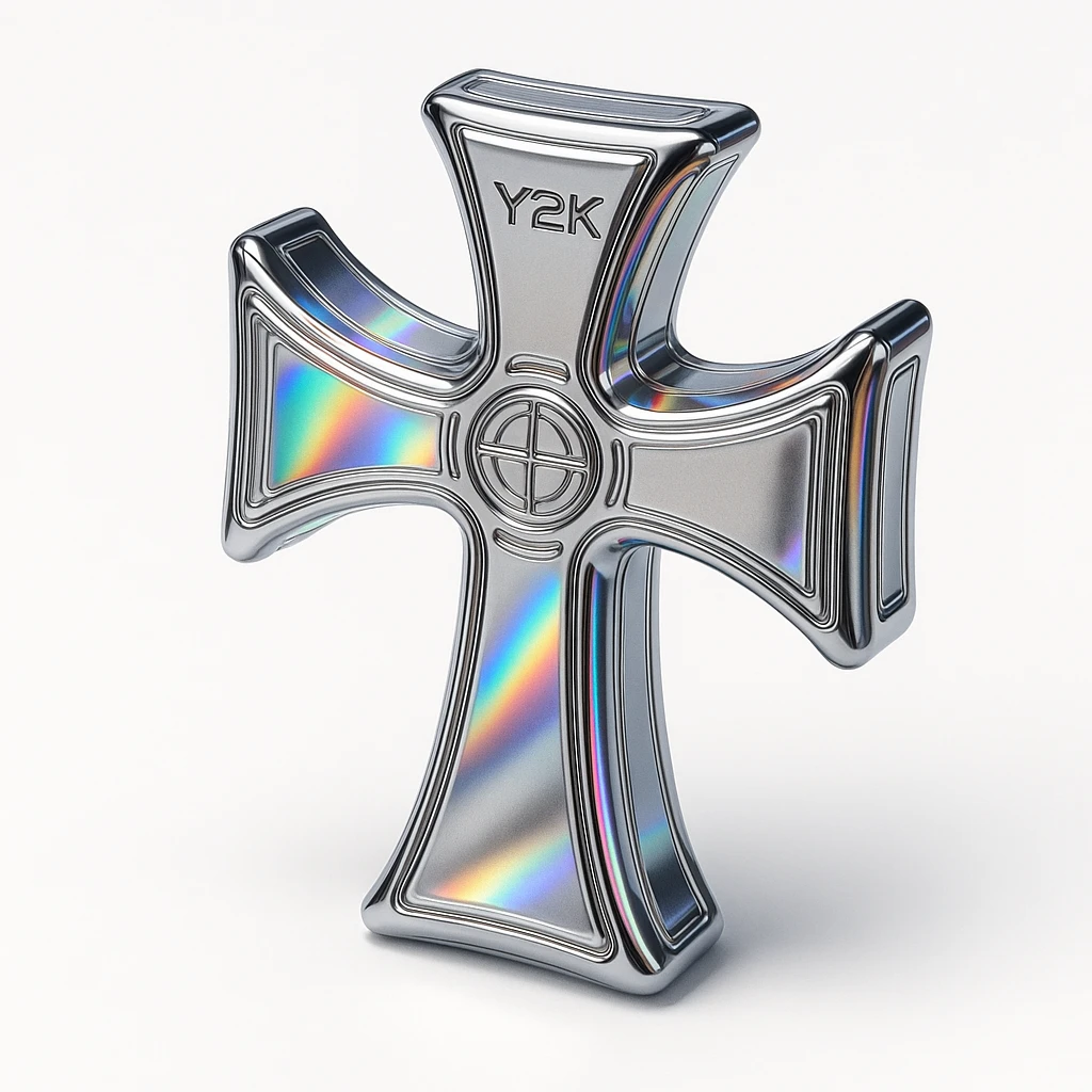 Y2K style cross, holographic effect, iridescent colors, tech-inspired look emoji