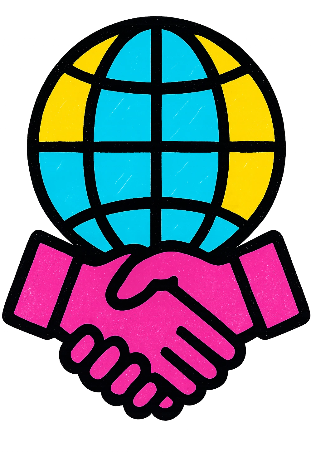 A vibrant and colorful icon representing a unified partner in international trade with a globe and handshake emoji
