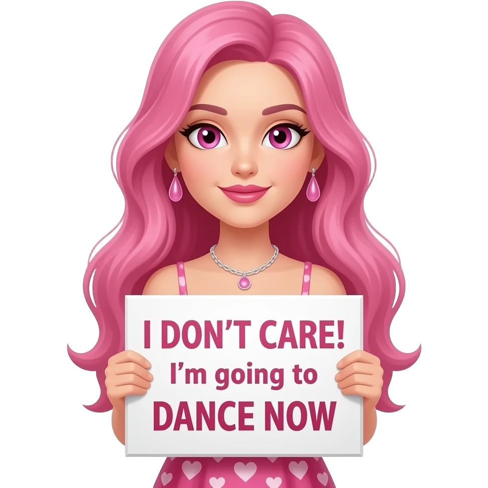 sexy girl with long pink hair and pink eyes wearing a dress holding a I DON'T CARE! I'm going to DANCE NOW sign emoji