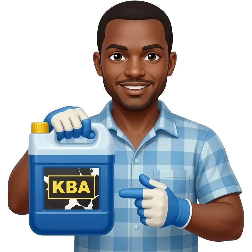 Afriacn Bile juice collector worker with 30 litre blue jerrican with yellow cap labed KBA full off bovine bile juice with blue and white gloves emoji