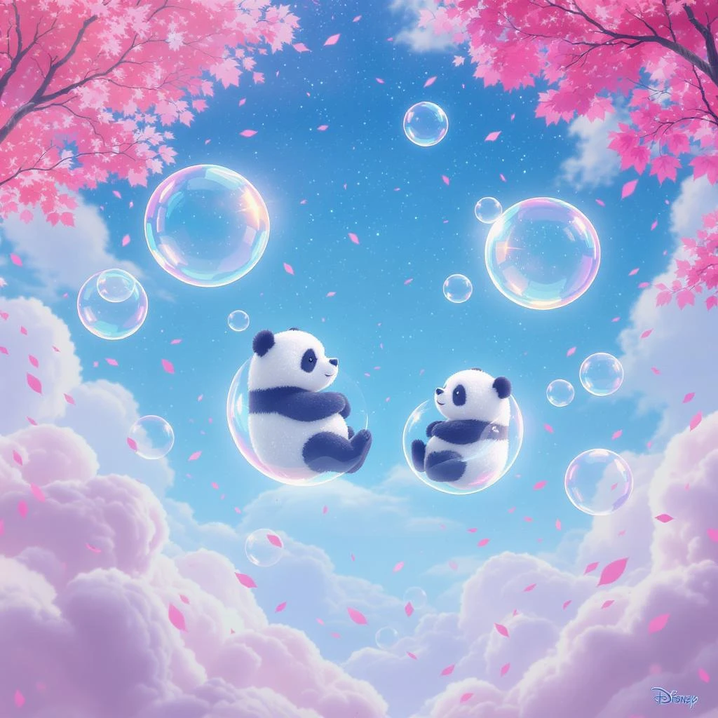 Minimalistic Cinematic still of pandas bears sitting inside flying bubbles, blue sky filling background , pink clouds, pink leafs falling around, disney style emoji