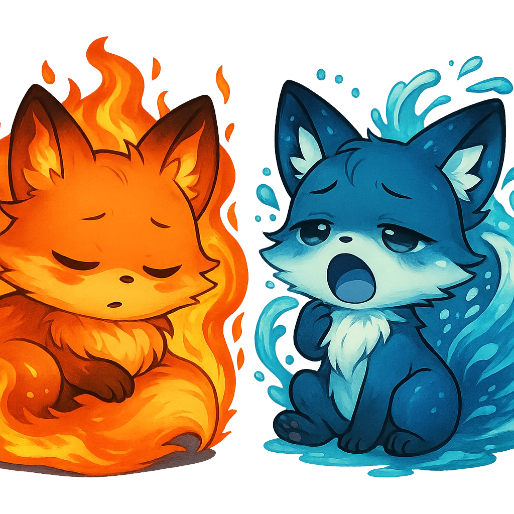 Transform the magical chibi fox duo into elemental beings: one fox with fire powers featuring flames and a fiery aura, the other with water powers featuring waves and a water aura. Keep the background transparent. emoji