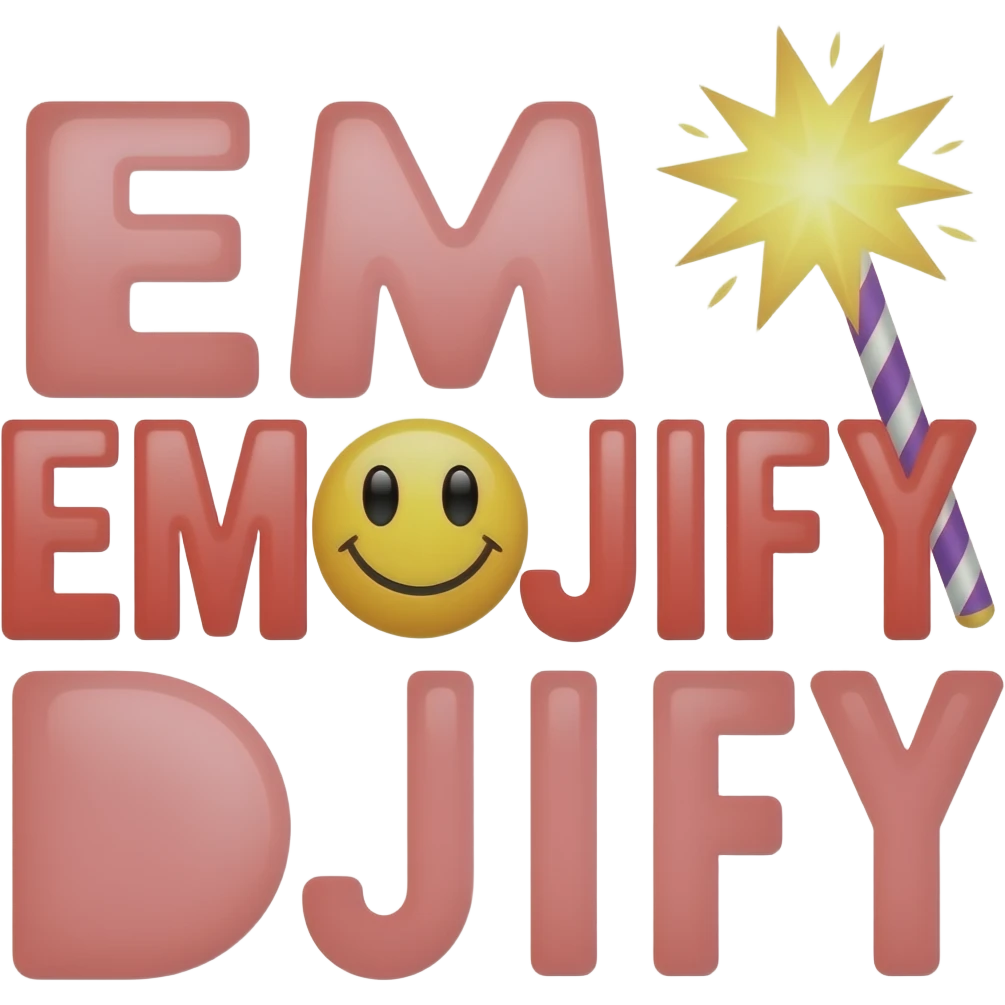 Red text "EMOJIFY" is stretched in height and width. Letter "O" is a smiley face. Letter "J" in the form of a magic wand with sparkles a on the end. emoji