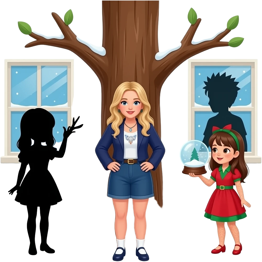 Kelly clarkson underneath The Tree Brown two brades girl with freckles with red and green dress looking for snowglobe one shadow girl with one brade and dress and one shadow boy with spiky hair and shirt in windows emoji