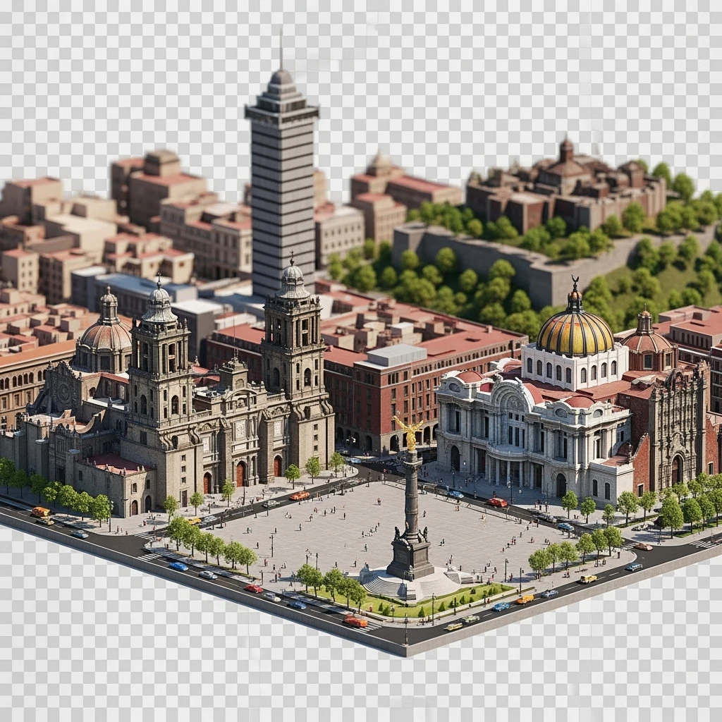 Isometric miniature of Mexico City Zócalo square with Metropolitan Cathedral, Palacio de Bellas Artes, Torre Latinoamericana, Chapultepec Castle, and Angel of Independence, atmosphere of the city 3D miniature effect and Tilt Shift effect, no cartoonish look, transparent background. emoji