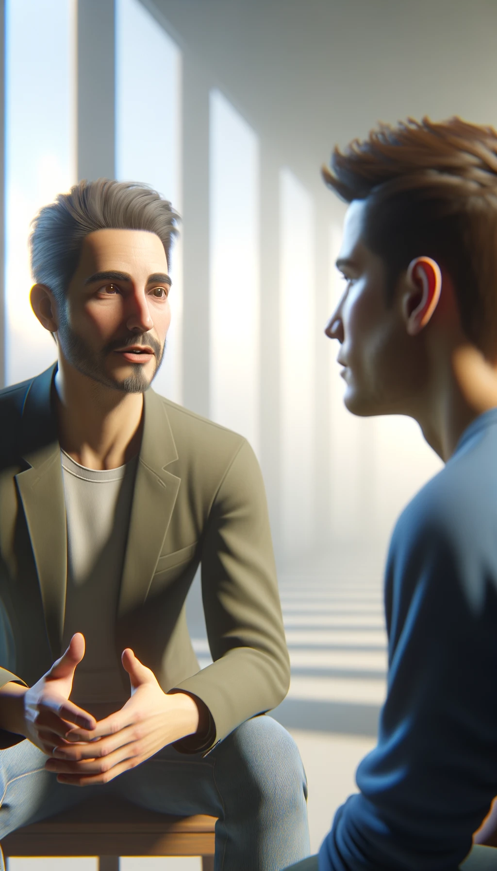 una persona parla e un altra persona di spalle lo ascolta, il significato dell'immagine è che dalle parole si capisce il valore della persona, immagine iperrealistica 4k, sfondo chiaro emoji