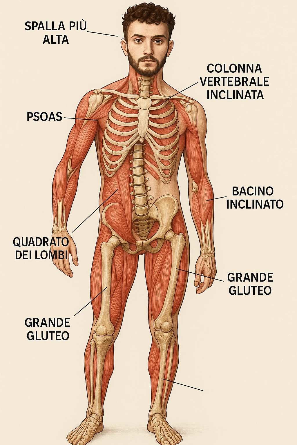 Uomo con problemi di asimmetrie e bacino inclinato, visione anatomica in italiano emoji