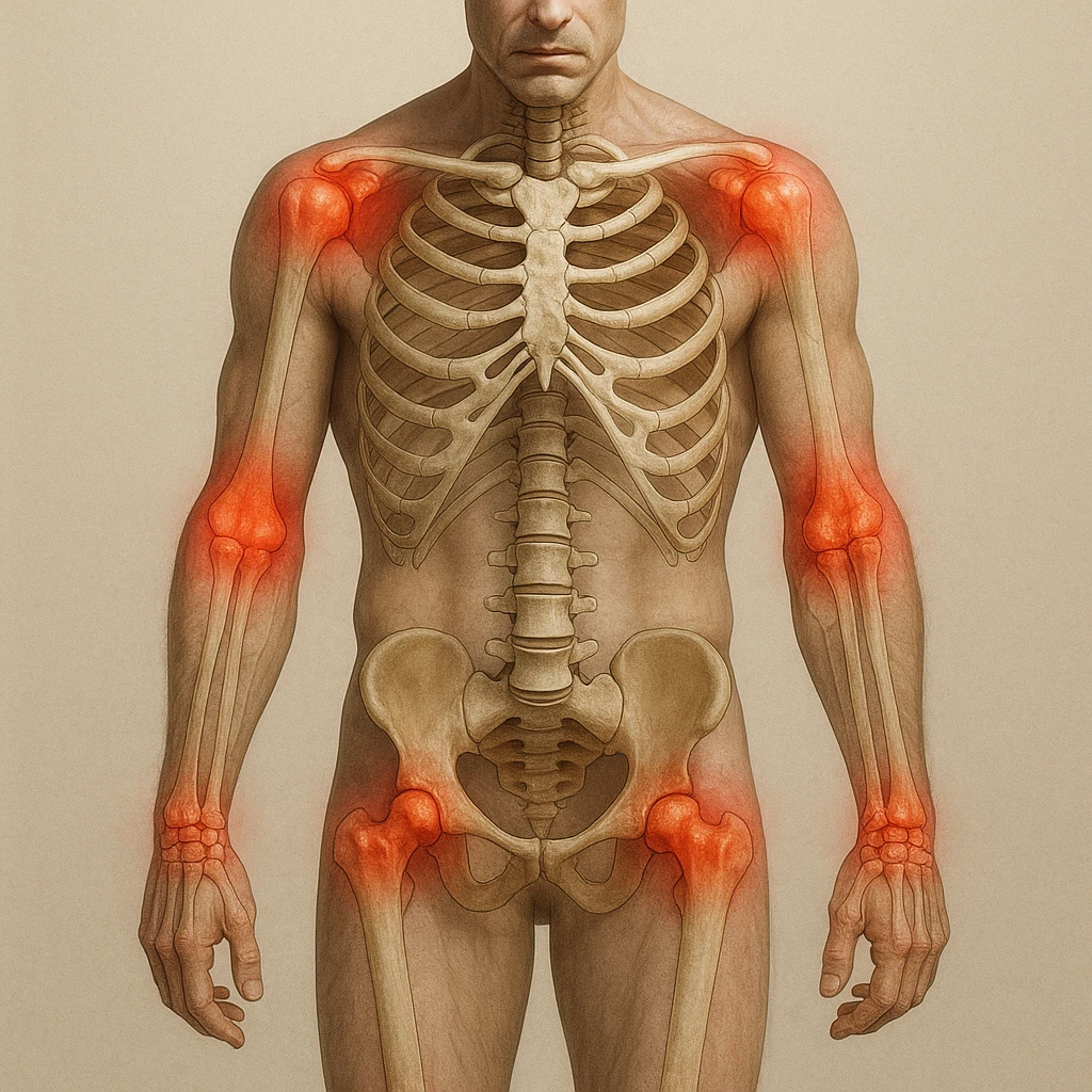 Create a series of 5 vertical images of a man (reference photo) with widespread joint pain, highlighting inflammation with an anatomical view. Show red zones on the joints, medical style, anatomical details, hyperrealism, variation 5. emoji