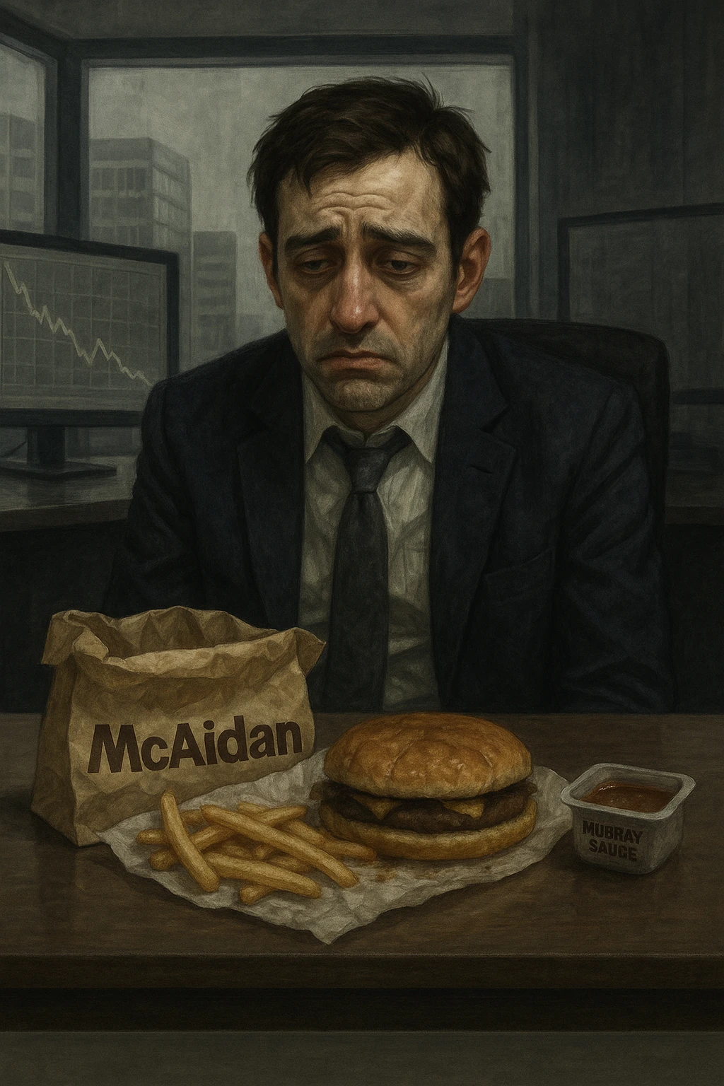 A depressed, anxious, and sad investment banker sitting at his desk, eating a depressing and soggy 'Mcaidan' meal with a side of 'Murray Sauce.' The food packaging is clearly visible, with labels on the wrapper of the Mcaidan meal and the side of Murray Sauce. The scene emphasizes the character's mood and makes the food look unappetizing. emoji