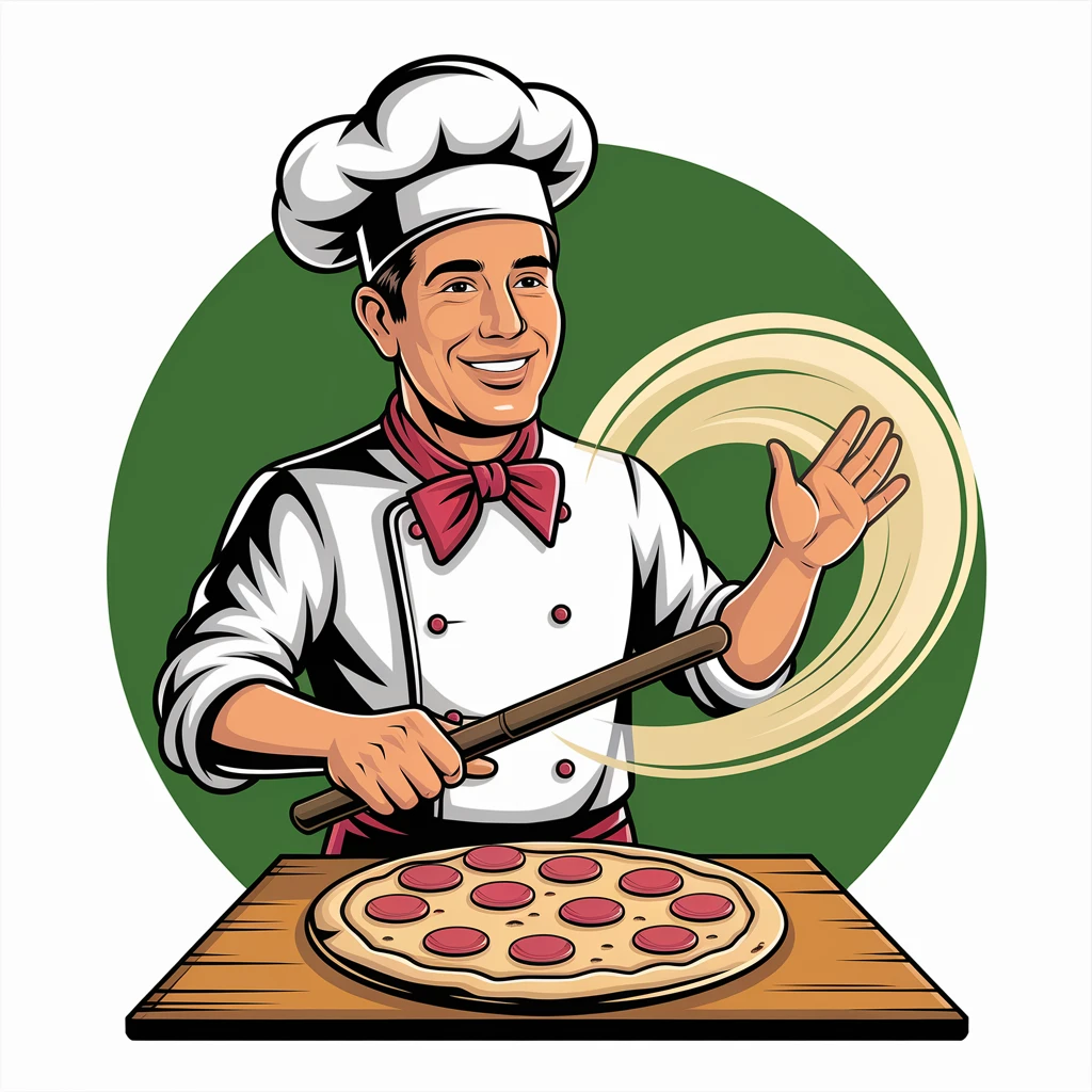 digital vector art of smiling Italian chef spinning pizza dough emoji