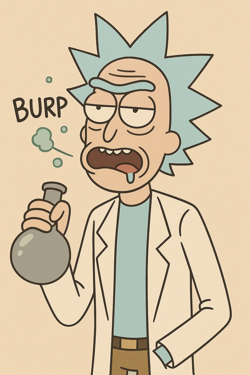 Rick Sanchez from Rick and Morty, with flask, burping, cartoon style emoji